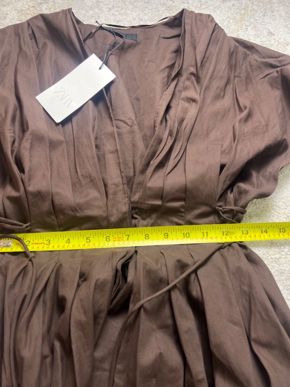NWT Zara Brown Cotton Poplin Puff Sleeve Midi Dress Size M Pockets - Picture 12 of 12